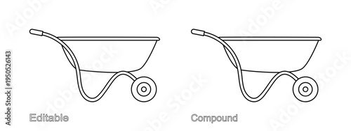 Garden wheelbarrow set, isolated on a white background. Editable and compound outline drawing. Linear icon, vector illustration. Template for coloring page.
