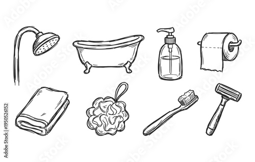 Black ink scribble doodle vector vintage hand drawn illustration of bathroom hygiene, bathtub, shower, towel, soap, and daily care products.