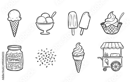 Black ink scribble doodle vector vintage hand drawn illustration of sweet ice cream, sundae dessert, popsicle, and summer frozen treats.