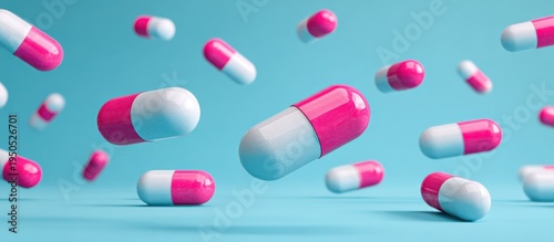 Pills in the Air: An artistic shot of capsule-shaped pills floating in the air. This striking visual showcases medicine with dynamic composition, hinting at wellness, health.