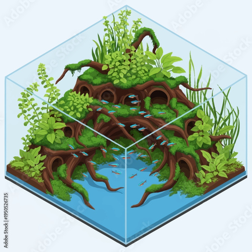 Exotic Aquarium Ecosystem with Lush Greenery and Aquatic Life.