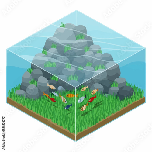 Underwater Aquarium Ecosystem with Diverse Fish and Rocks.
