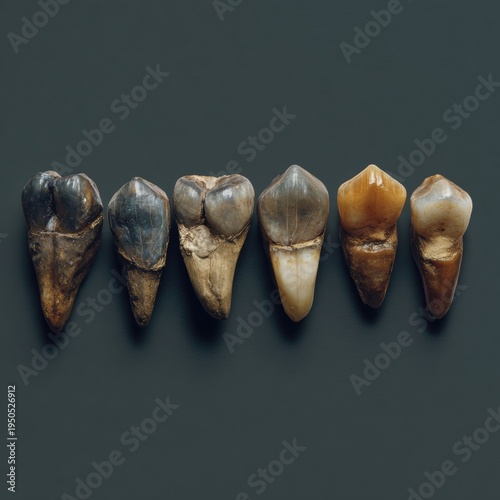 Diverse animal teeth displayed in a row on a dark background