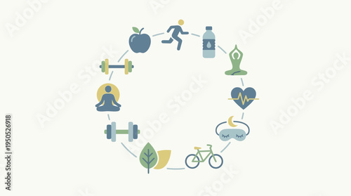 Geometric icons form a wellness cycle, illustrating a balanced healthy lifestyle with key habits nutrition, exercise, mindfulness, and rest