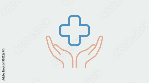 Healthcare icon with hands and cross symbol, representing care and well-being
