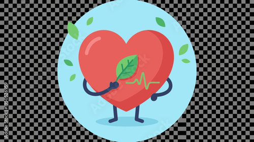 Charming healthy heart illustration with a green leaf and vibrant ECG line, representing holistic well-being and promoting active health awareness