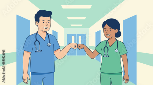 United medical team sharing a fist bump in a hospital corridor, representing collaboration, support, and professional dedication