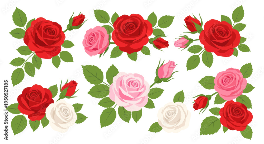 Naklejka premium Elegant Rose Bouquets: Red, Pink, White Flowers with Green Leaves - Vector Art