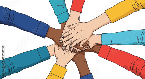 Diverse hands united in a circle, symbolizing teamwork, unity, and collaboration.