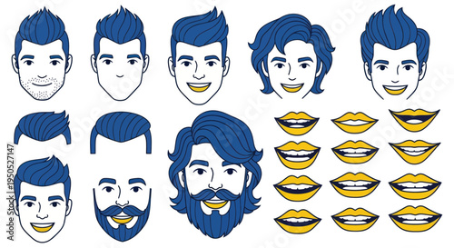 Diverse Male Hairstyles and Smiles Collection - Modern Vector Faces