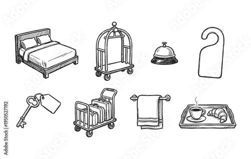 Black ink scribble doodle vector vintage hand drawn illustration of hotel service, accommodation bed, luggage cart, suitcase, and room key.