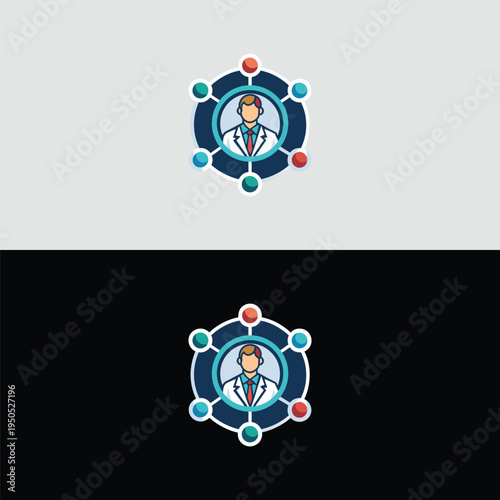 A doctor's professional image enclosed in a hexagonal boundary, with a vibrant network of multi-colored connected spheres symbolizing diverse medical services.