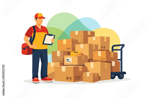 Delivery man with clipboard and stack of boxes.