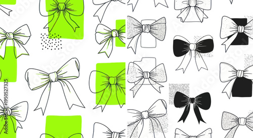 Hand Drawn Bows Seamless Pattern, Gift Wrapping Design, Neon Green Accents