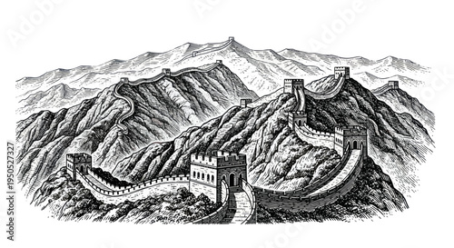 Great Wall of China, Ancient Fortress on Mountainous Landscape, Historical Landmark