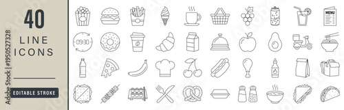 Fast food and restaurant outline icon set with burger pizza sushi coffee and delivery symbols for menu design. Editable stroke line vector icons