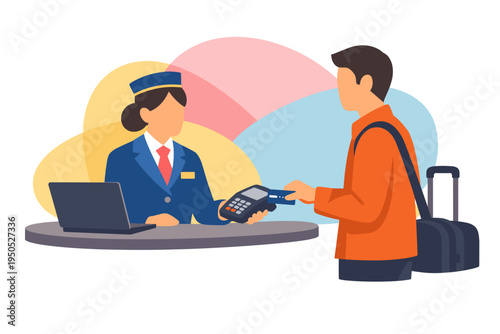 Travel agent assisting customer with payment at counter.