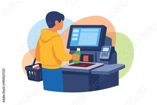 Man at grocery store checkout scanning items with basket.