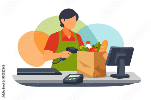 Cashier Scanning Groceries at Supermarket Checkout Counter.