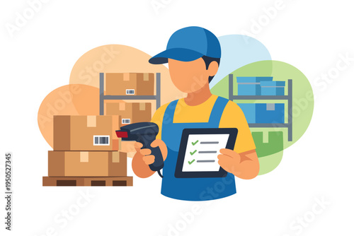 Warehouse worker scanning package with barcode scanner and tablet.