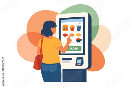 Woman ordering food at a selfservice kiosk.