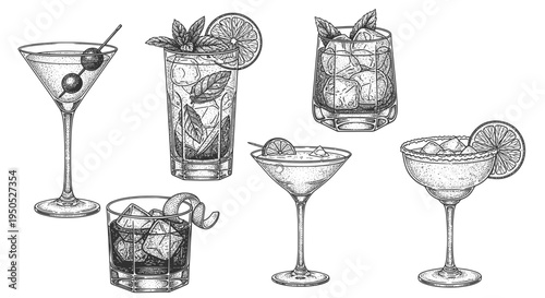Hand-Drawn Cocktail Collection: Martini, Mojito, Old Fashioned, Margarita & More