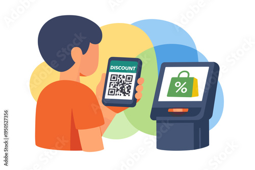 Man holding smartphone with discount QR code at payment terminal.