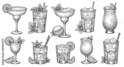 Hand-drawn Cocktail Illustrations: Refreshing Drinks with Lime and Mint