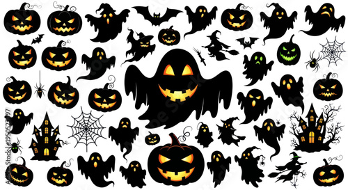Halloween Icons Set: Ghosts, Pumpkins, Bats, Witches, Spiders, Haunted Houses