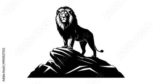 Majestic Lion Silhouette Standing Proudly on Rocky Outcrop, Powerful Symbol