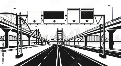 Modern Highway Interchange with Overpasses and City Skyline