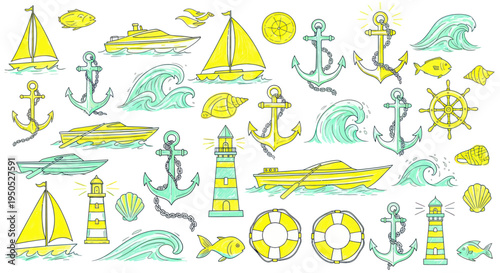 Nautical Doodle Collection: Ships, Anchors, Lighthouses, Waves, and Seashells