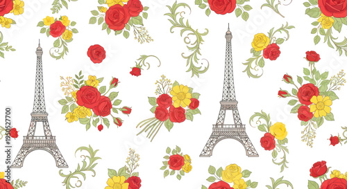 Parisian Romance: Eiffel Tower & Rose Bouquet Pattern - Vintage Style
