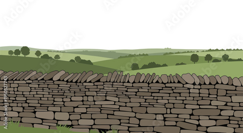 Rolling green hills, trees, and stone wall landscape illustration