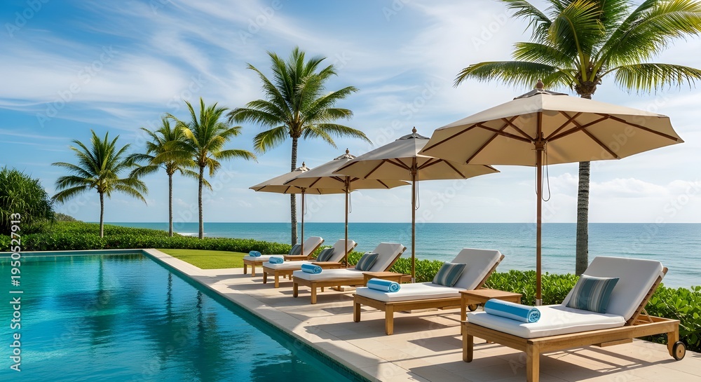 Fototapeta premium Luxury resort infinity pool with lounge chairs and umbrellas overlooking tropical beach at sunset