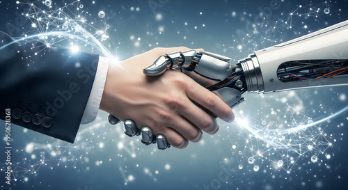 Human hand shaking hands with a robot arm in a digital space