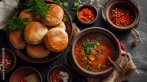 Georgian kharcho soup in rustic clay pot, served with fresh herbs, puri bread and spices, cinematic top-down view