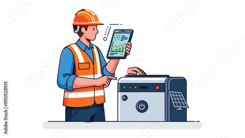 Technician and machine: A skilled technician, clad in safety gear, intently monitors real-time data on a digital tablet, overseeing the performance of a cutting-edge machine. 