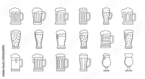 Beer Glass Line Icons Set, Outline Beer Mug and Pint Glass Vector Collection