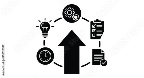 Workflow process with idea time checklist and improvement arrow icons