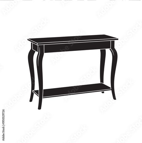 Black twotier console table with white outline on white background