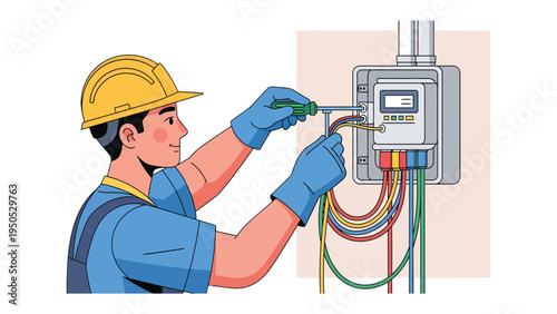 Electrician at Work: A skilled electrician diligently works on electrical wiring, ensuring safety and precision in their task.