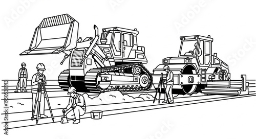 Construction Site Scene with Heavy Machinery and Workers.