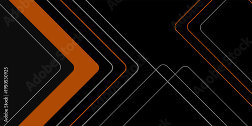 Black abstract wide horizontal banner with orange and gray lines, arrows and angles. Dark modern sporty bright futuristic abstract background. Wide vector illustration EPS10.