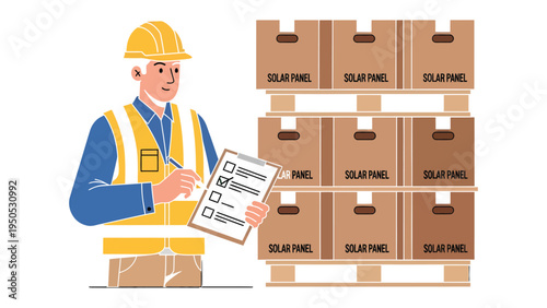 Solar Panel Inspector: A diligent worker meticulously inspects boxes of solar panels, highlighting the importance of quality control and the energy transition. 