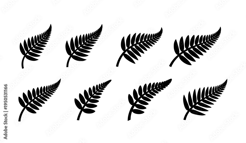 Fototapeta premium Silver Fern Glyph Icons New Zealand Symbol Black Leaf Vector Set