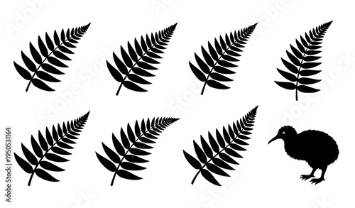 New Zealand Silver Fern and Kiwi Bird Silhouette Icon Set Vector Symbols