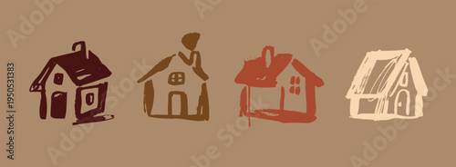 Set of various small tiny Houses. Paint brush cartoon minimal style. Flat design. Hand drawn Vector illustration. Isolated design elements. Building, sweet home, real estate concept