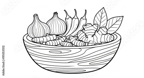 Bowl of Fresh Spices - Garlic, Chili Peppers, Ginger, and Turmeric.