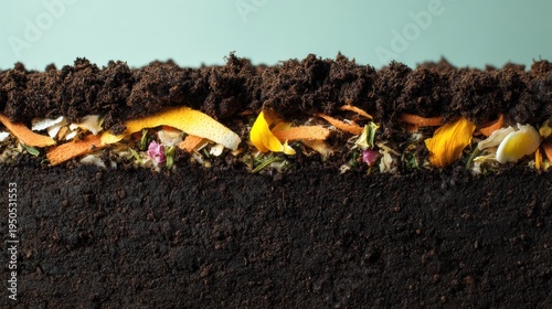 Kitchen compost layer with coffee, eggshells, and vegetable peel on dry soil